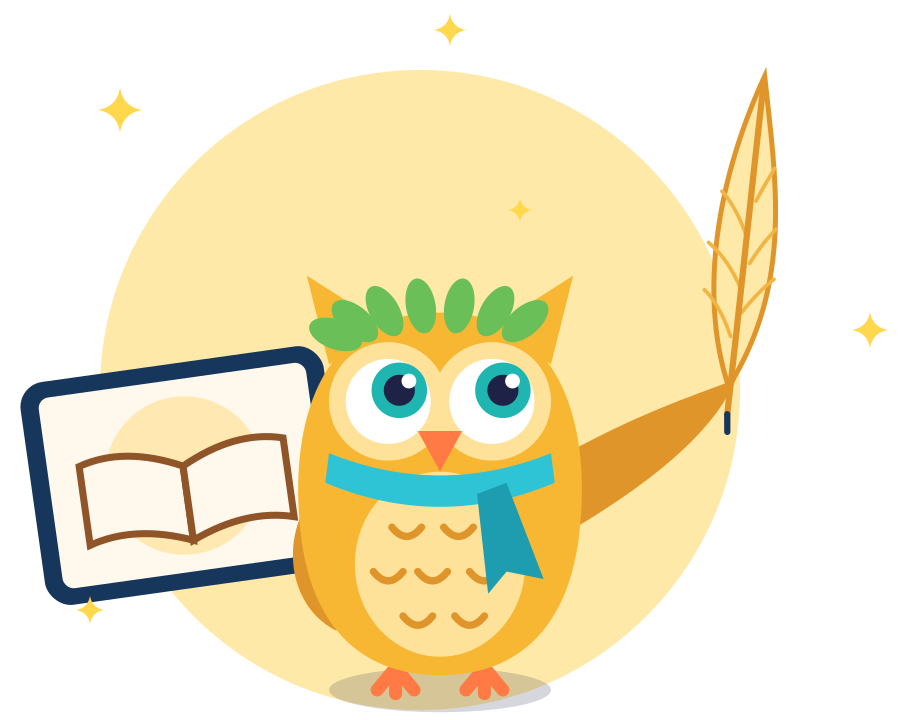Galux levanta una pluma dorada como si fuera una espada, junto a una tablet con un libro abierto